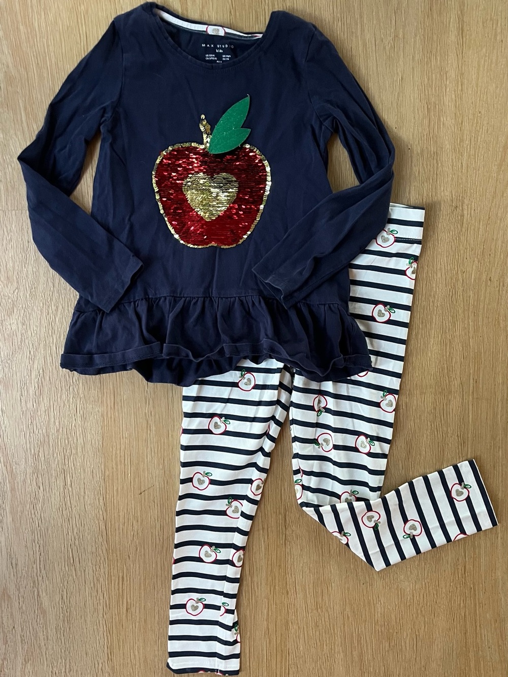 Max Studio Navy Peplum Top with Red & Gold Sequin Apple and Striped Leggings